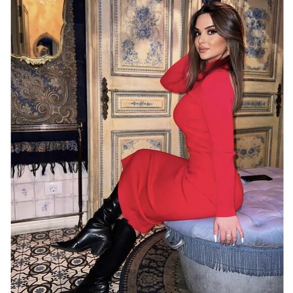 ZARA Mock High Neck Knit Midi Dress Red {YY42} - Picture 2 of 12